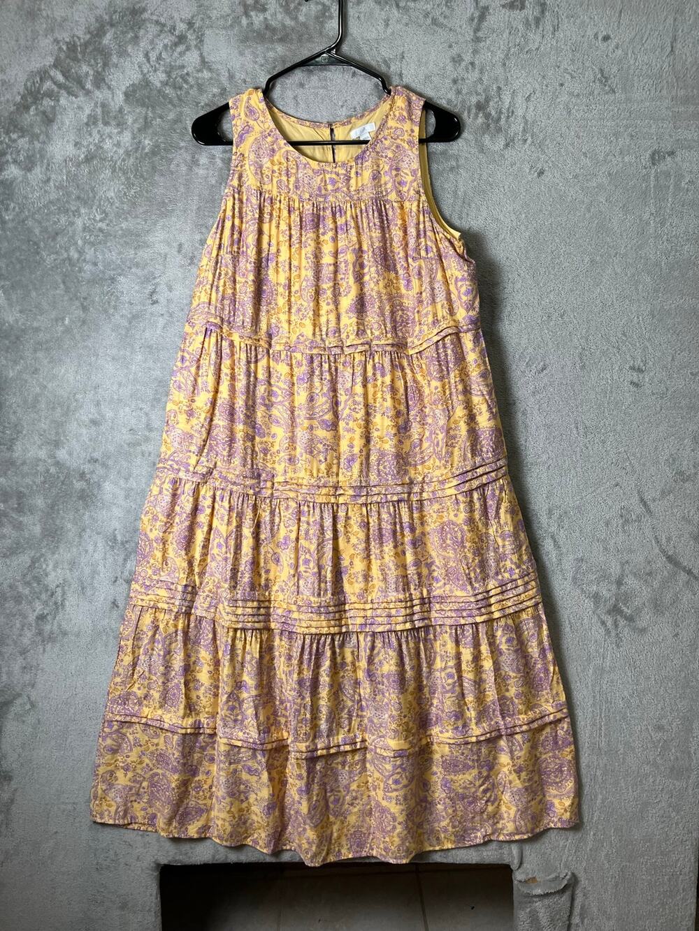 J.Jill Tiered Paisley Midi Dress Yellow Lavender Boho Prairie Cottagecore MP